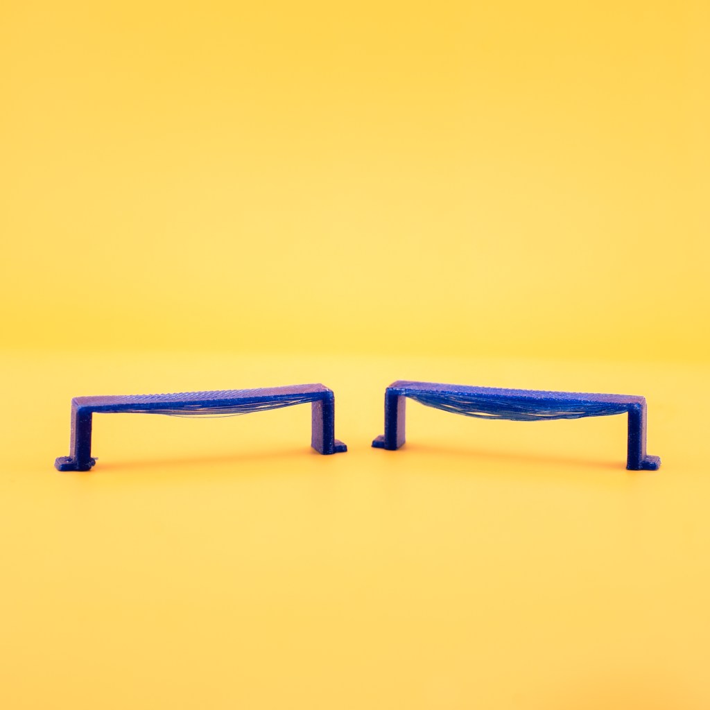 3D filament sag when print the shape as bridge, lower print speed lower sag